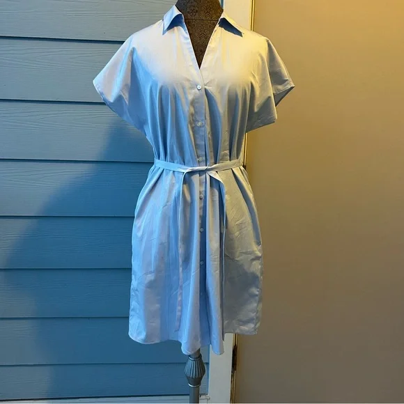 Theory Women's Sleeveless Light Blue Tie Waist Mini Shirt Dress - Picture 6 of 9